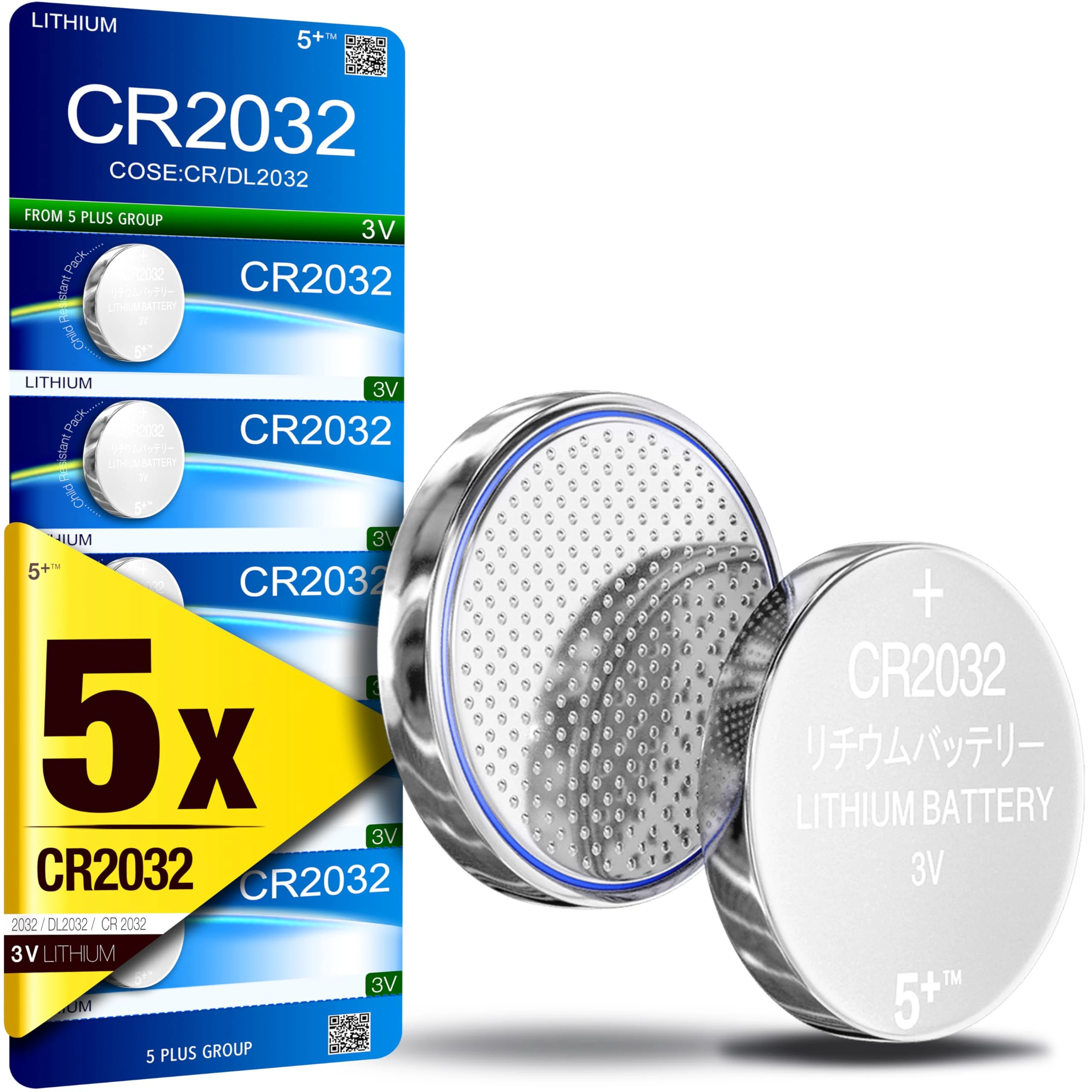 5Plus Group 5 Pcs 2032 CR2032 DL2032 ECR2032 3V Lithium Coin Cell Batteries – Ideal for Keyfobs, Scales, AirTags, Wearables, and Other Devices – Great for Home, Professional, and Commercial Use