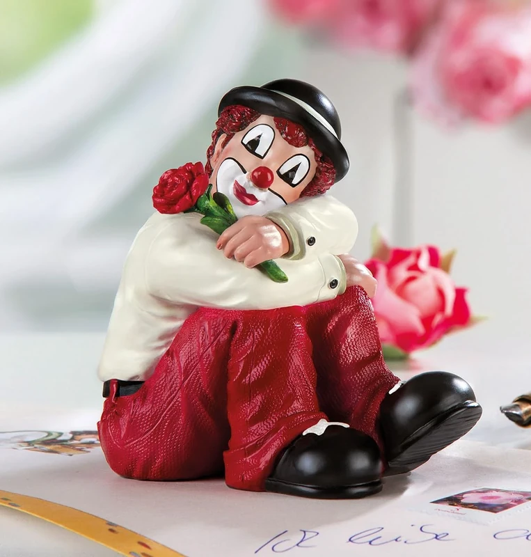 GILDE Gildeclown Decorative Figurine Clown with Rose - Resin Multicoloured Height 8 cm - Gift for Women Men Birthday Gift Wedding