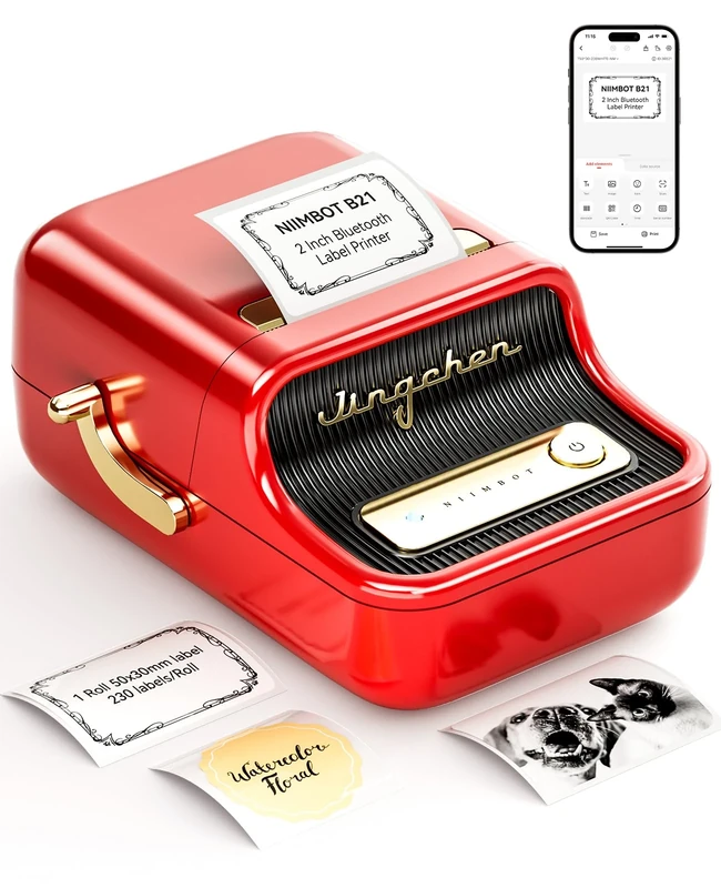 NIIMBOT B21 Label Maker Bluetooth,Thermal Label Printer Mini Sticker Maker Machine, Printing Size 20-50mm for Clothing Jewelry Supermarket Small Business with 1 Roll White 50x30mm Label (Red)