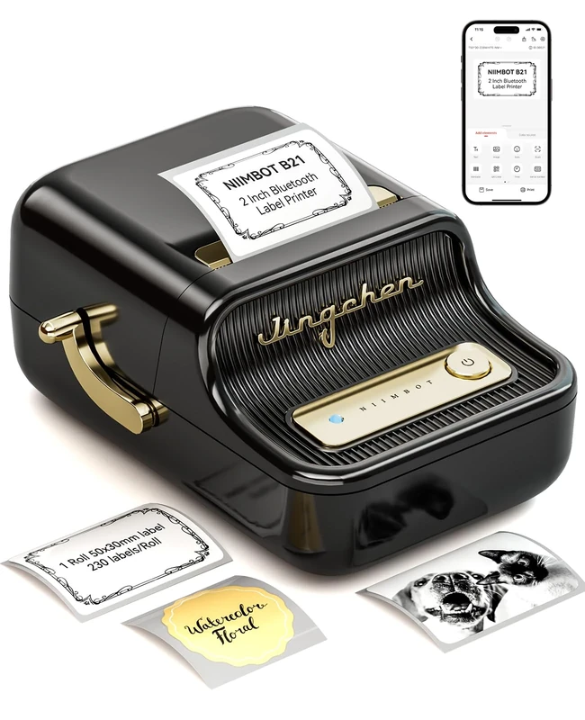 NIIMBOT B21 Label Maker Bluetooth,Thermal Label Printer Mini Sticker Maker Machine, Printing Size 20-50mm for Clothing Jewelry Supermarket Small Business with 1 Roll 50x30mm Label (Black)