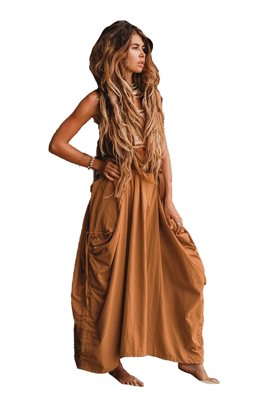Thaluta Women's Maxi Boho Skirt with Pockets Bohemian Organic Cotton Hippie Gypsy, Copper, One Size