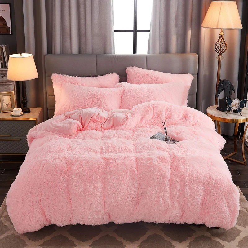 WERDIM Shaggy Fluffy Faux Fur Duvet Cover Set Button Closure Velvety Bedding Set Comforter Cover with Pillowcase Pink, Twin Size
