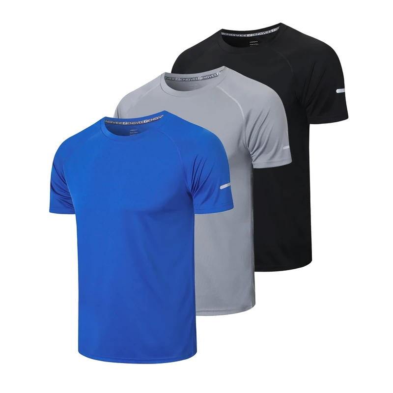 Gaiatiger 3 Pack Mens T-Shirts Quick Dry Work Moisture Wicking Active Athletic Running Tops Short Sleeve Clothes(520)-Black Grey Blue-L