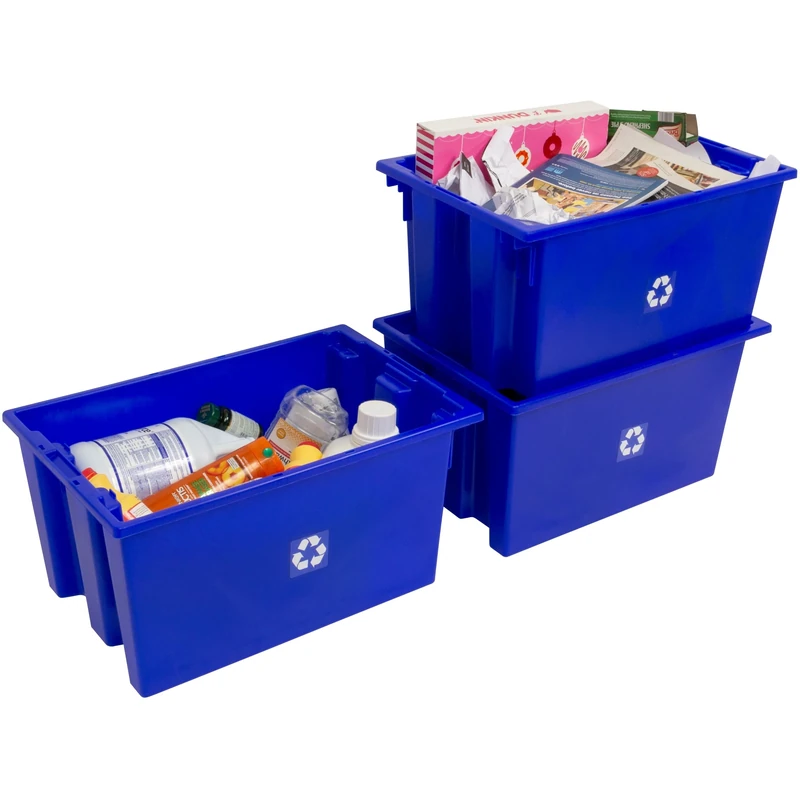 ReadySpace 3-Pack Commercial Industrial Heavy Duty Stackable Large Capacity Recycling Bin Box Containers, 13 Gallon 23-1/2-Inch x 15-1/2-Inch x 12-Inch, Blue