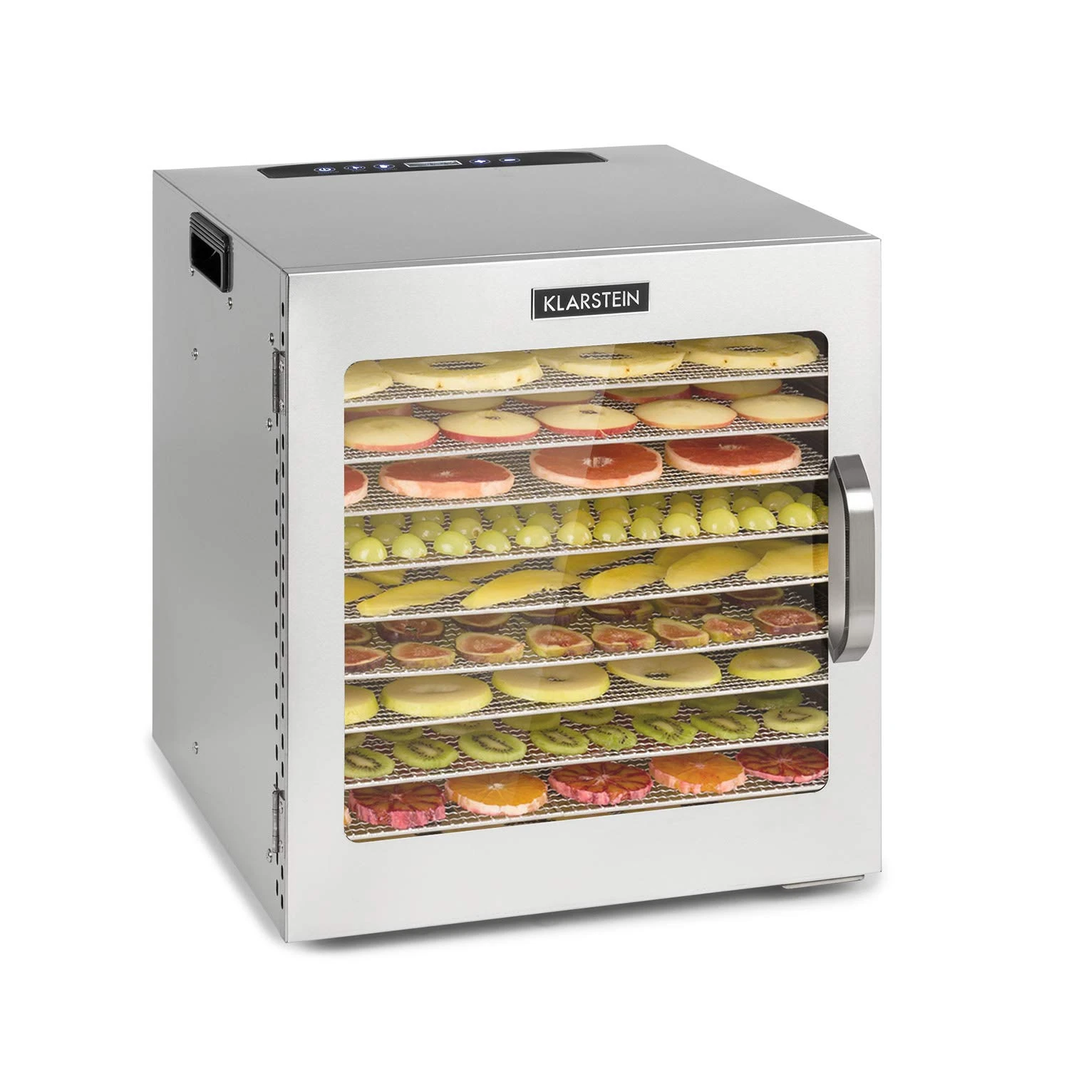 Klarstein Captain Jerky 110 Food Dehydrator - 1000 W, Temperature: 30-90 ° C, 24-Hour Timer, BPA-Free, Touch Control Panel, 10 Slots, Glass Door, Stainless Steel Dehydrator, Collecting Tray, Silver