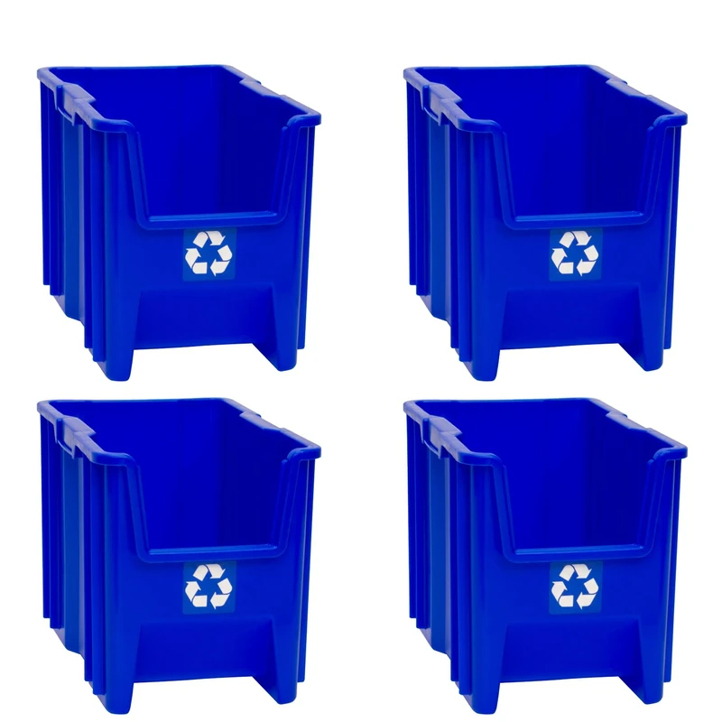 ReadySpace Commercial Industrial Heavy Duty Stackable Open-Front Recycling Bin Box Containers, 7 Gallon, 4 Pack, Blue