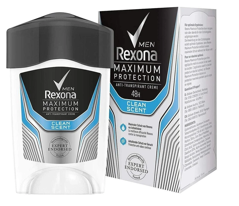3 x Rexona Men Deodorant Cream Stick Maximum Protection Anti-Perspirant Clean Scent 45 ml