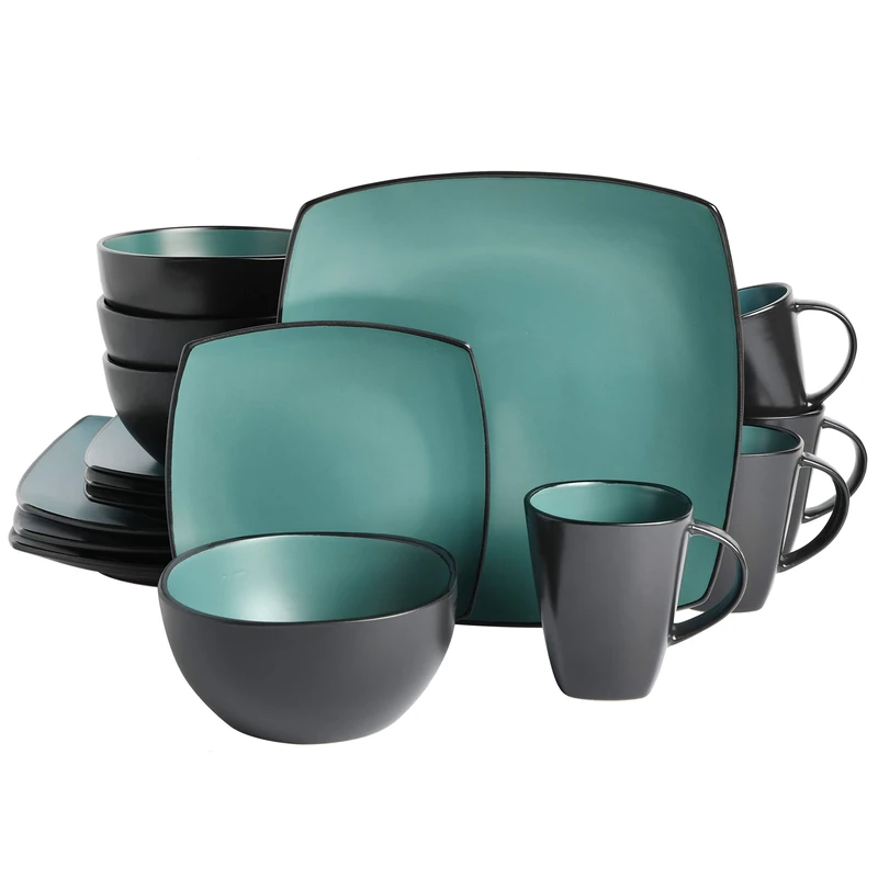 Gibson Elite 131172.16R Square Reactive Glaze Stoneware Dinnerware Set, Matte Jade