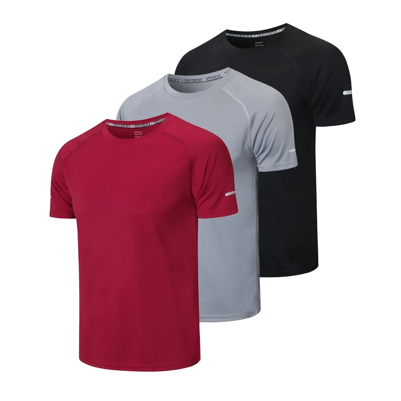 Gaiatiger 3 Pack Mens Shirts Quick Dry Short Sleeve Moisture Wicking Active Athletic Running Tops Work Clothes(520)-Black Grey Red-L