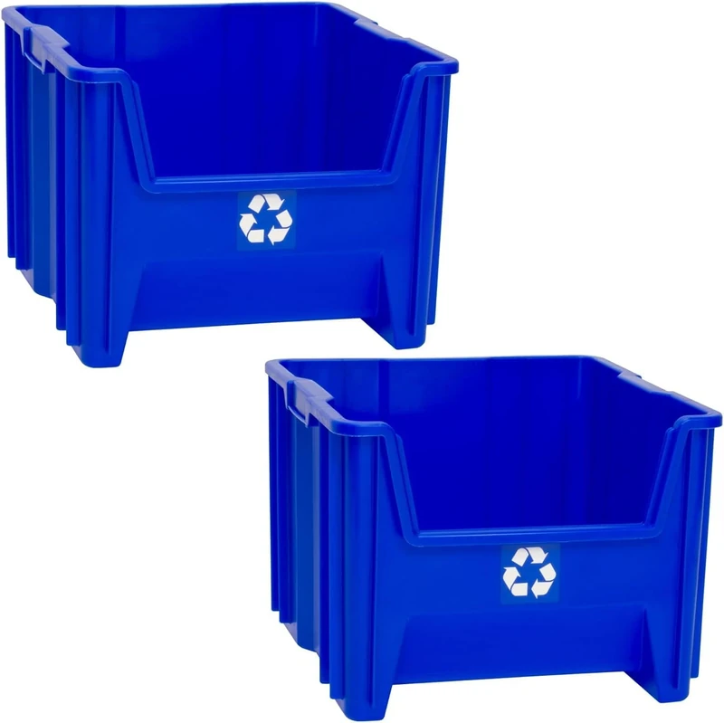 ReadySpace Commercial Industrial Heavy Duty Stackable Open-Front Recycling Bin Box Containers, 12 Gallon, 2 Pack, Blue