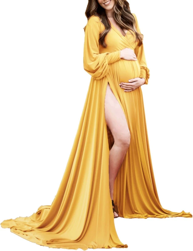 ChoiyuBella Maternity Gown Bishop Sleeves Baby Shower Dress Wrap Side Slit Sweetheart Maxi Photo Shoot for Photography, 71 Yellow, L
