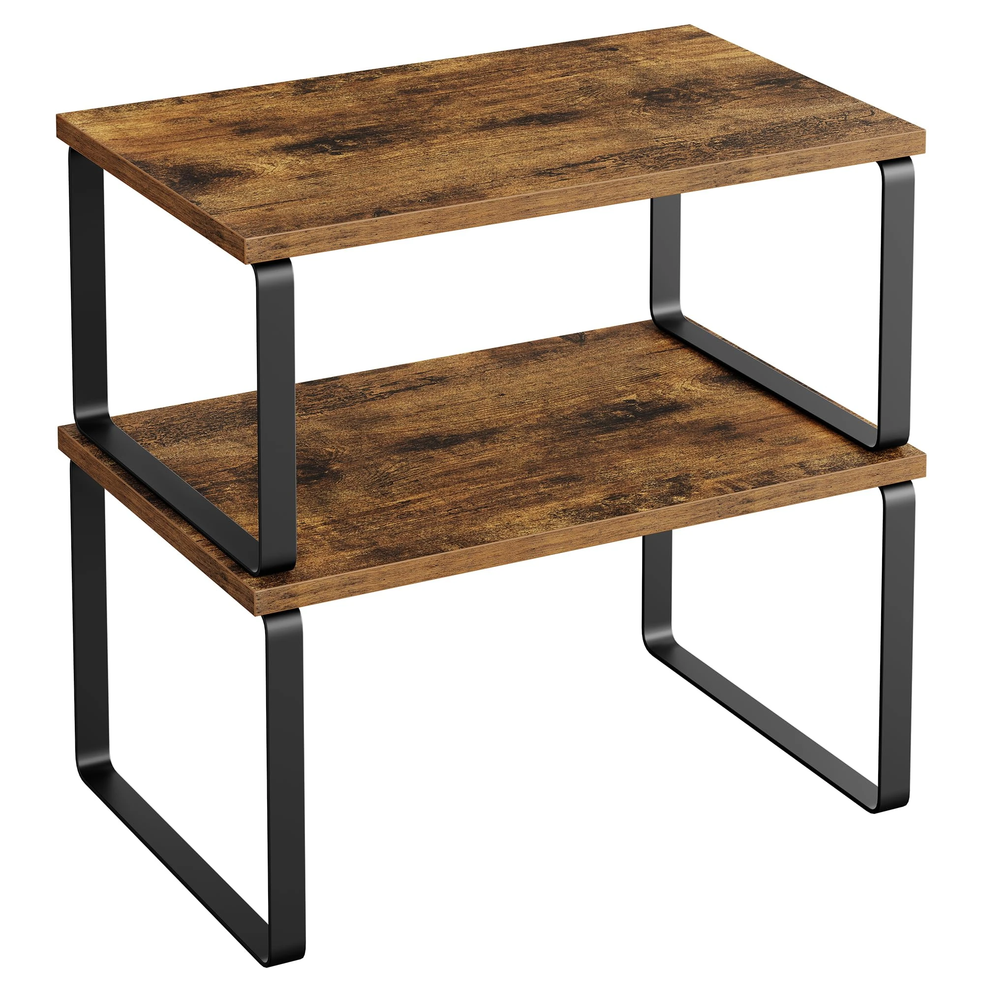 SONGMICS Spice Rack, Set of 2 Cupboard Shelf Organiser, Expandable Kitchen Shelf Organiser, Stackable Spice Holder, Metal and Engineered Wood, Black and Rustic Brown KCS020X01