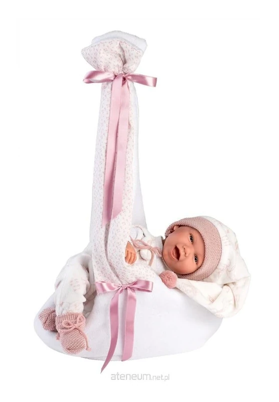 Llorens 1074006 Baby Doll with Blue Eyes and Soft Body, Doll Including Pink Outfit with Pointed Hat, Dummy, Dummy Chain and Cuddly Hanging Cradle, 42 cm