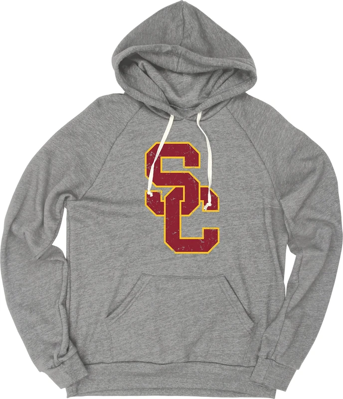 Blue 84 Men's Tri-Blend Hoodie Vintage Icon Hooded Sweatshirt, USC Trojans Heather Grey, L