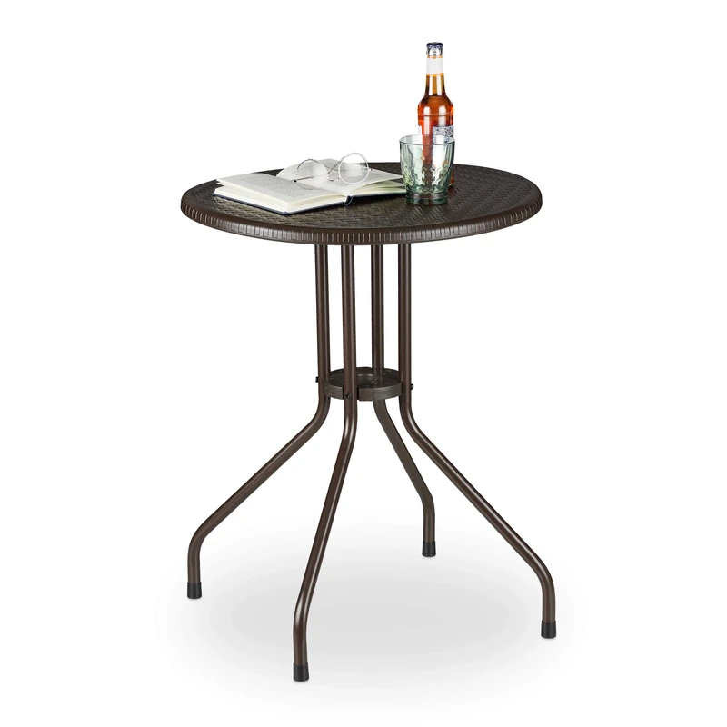 Relaxdays Garden Table, Round, Rattan Look, HxD: 74 x 60 cm, Plastic & Metal, Outdoor Furniture, Patio & Balcony, Brown