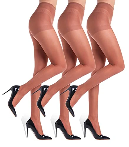 WAKUNA 3 Pairs Women's Sheer Tights - 20D Control Top Pantyhose with Reinforced Toes