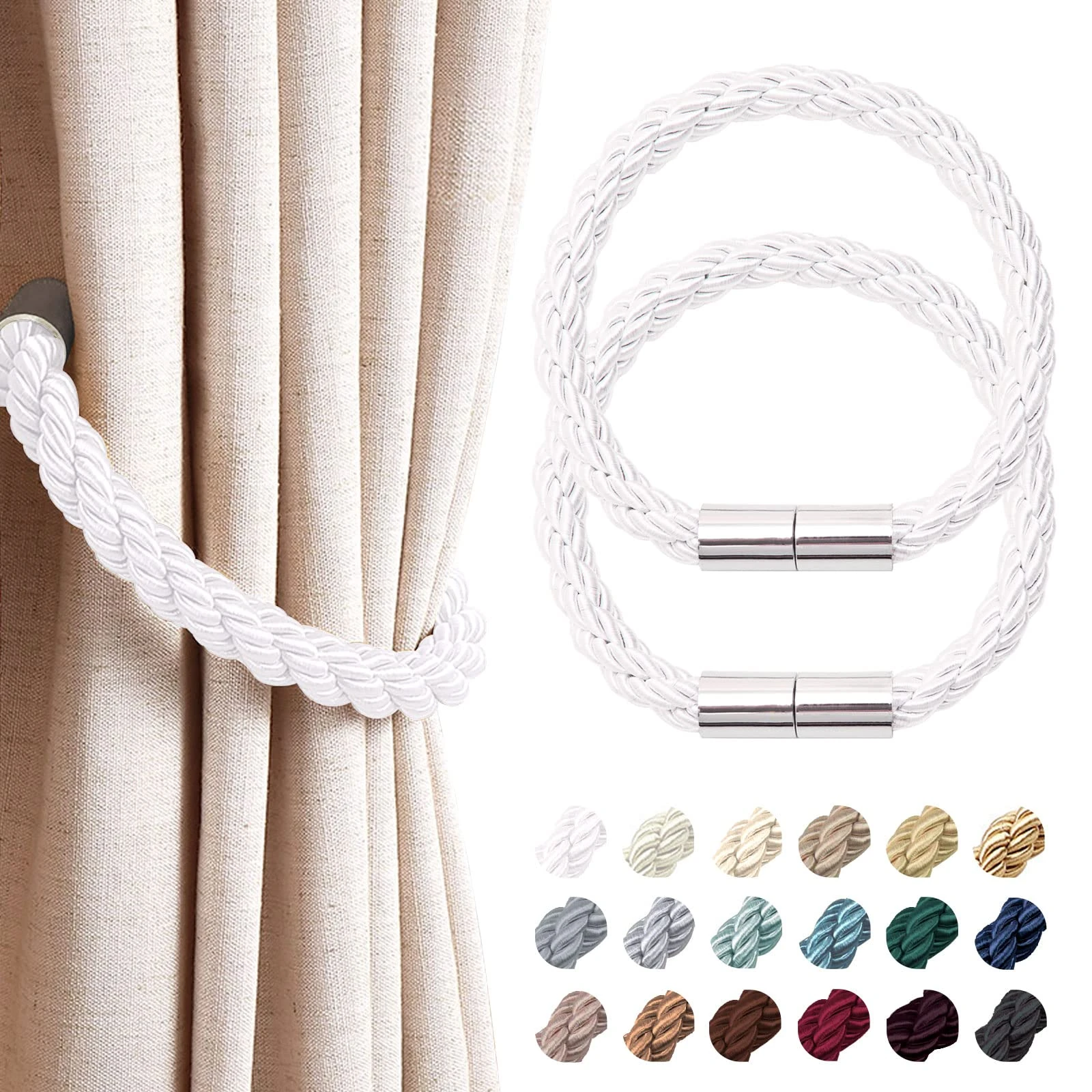 Pretty Jolly 2 Pack Strong Magnetic Curtain Tiebacks Modern Simple Style Drape Tie Backs Convenient Decorative Weave Rope Curtain Holdback for Thin or Thick Home & Office Window Drapery (Silver White)
