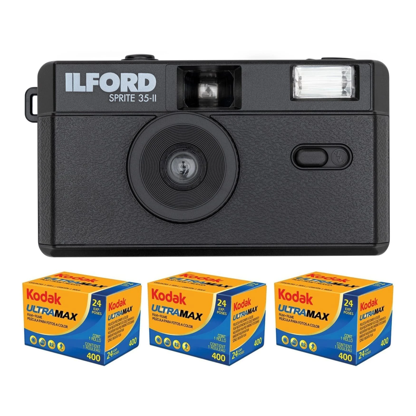 Ilford Sprite 35-II Reusable 35mm Film Camera (Black) with 3-Pack Kodak UltraMax 400 FIlm Analog Film Bundle (4 Items)