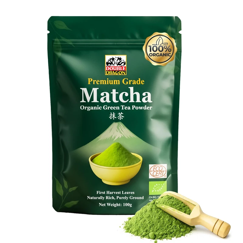 Double Dragon | 100% Organic | Premium Matcha Green Tea Powder – 100g | Japanese Stone-Ground Method | Smooth, Vibrant & Antioxidant-Rich | Ideal for Tea, Lattes, Baking, Smoothies