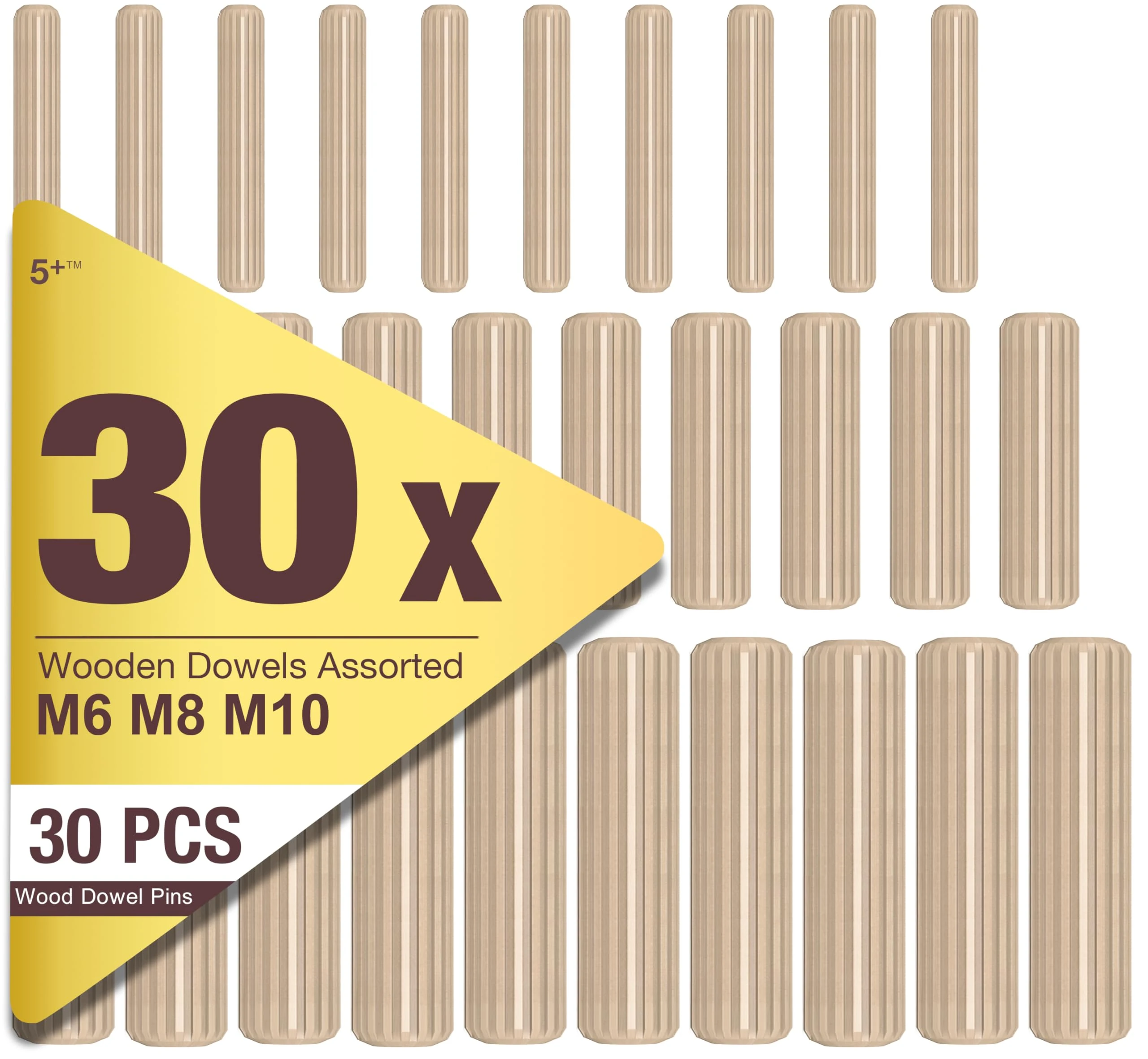 5Plus 30-Piece Assorted Wooden Dowels Set – M6, M8, M10 Hardwood Grooved & Fluted Pins for Furniture, Woodworking, and Crafting (6mm, 8mm, 10mm)