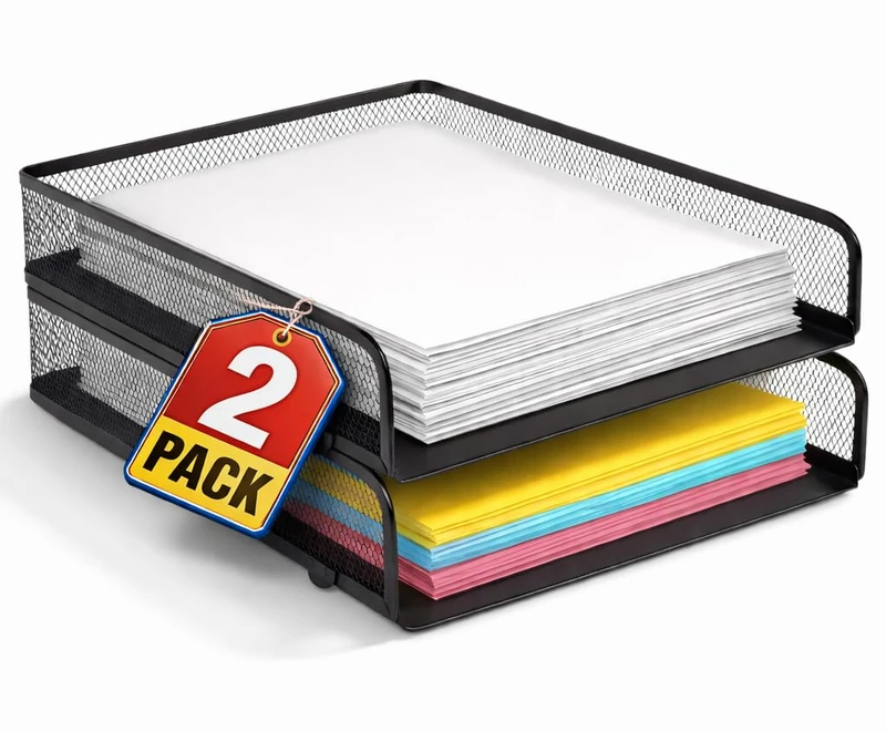 1InTheOffice Desk Trays Stackable Letter Tray, Matte Black Wire Mesh Front-Load Paper Tray Organizer, (2 Pack)