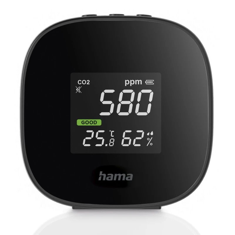 Hama Air Quality Meter (CO2 Traffic Light, Carbon Dioxide Detector for Measuring Room Air, Air Quality Monitor with Display for Temperature and Humidity), Black