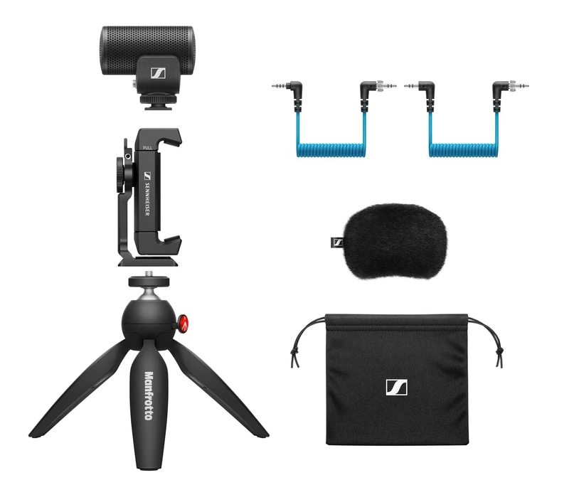 Sennheiser MKE 200 Directional Camera Microphone Kit | Smartphone Clamp & Manfrotto PIXI Mini Tripod | For Vloggers & Creators | 3.5MM TRS & TRSS Coiled Cables Included | Black (509256)