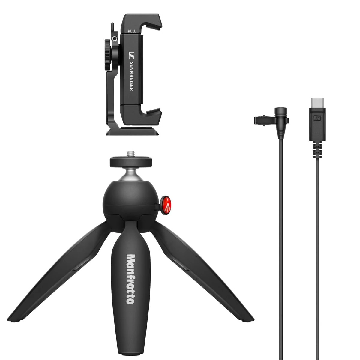 Sennheiser XS Lav USB-C Mobile Kit | Omnidirectional Clip-On Lav Mic with Smartphone Clamp & Manfrotto PIXI Mini Tripod | USB-C Connector & 2M Cable Included | Black (509259)