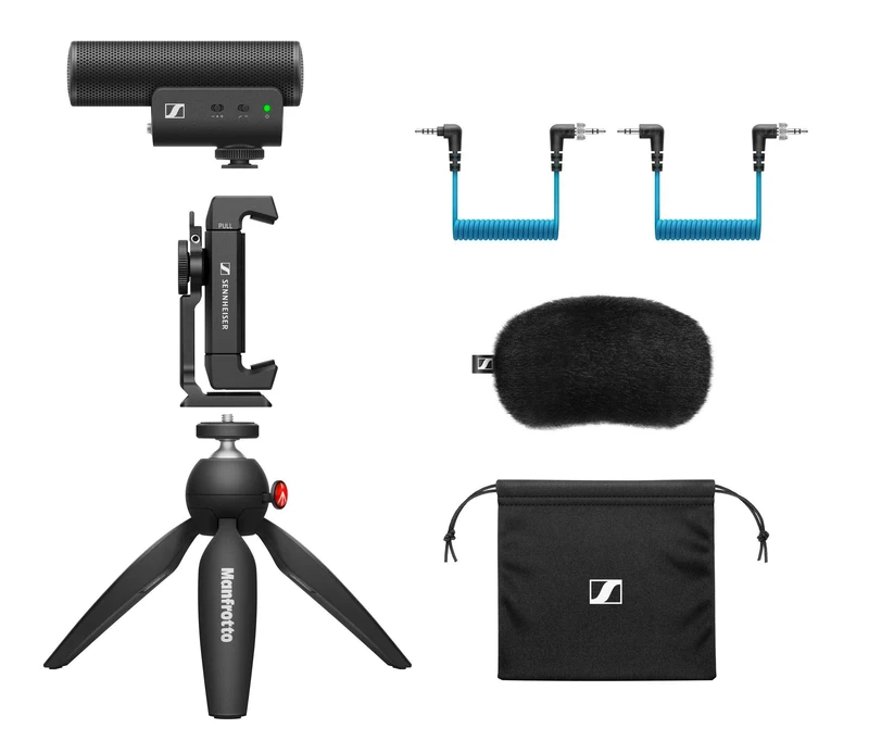 Sennheiser MKE 400 Directional Shotgun Camera Microphone Kit | Smartphone Clamp & Manfrotto PIXI Mini Tripod | For Vloggers & Creators | 3.5MM TRS & TRSS Coiled Cables Included | Black (508898)