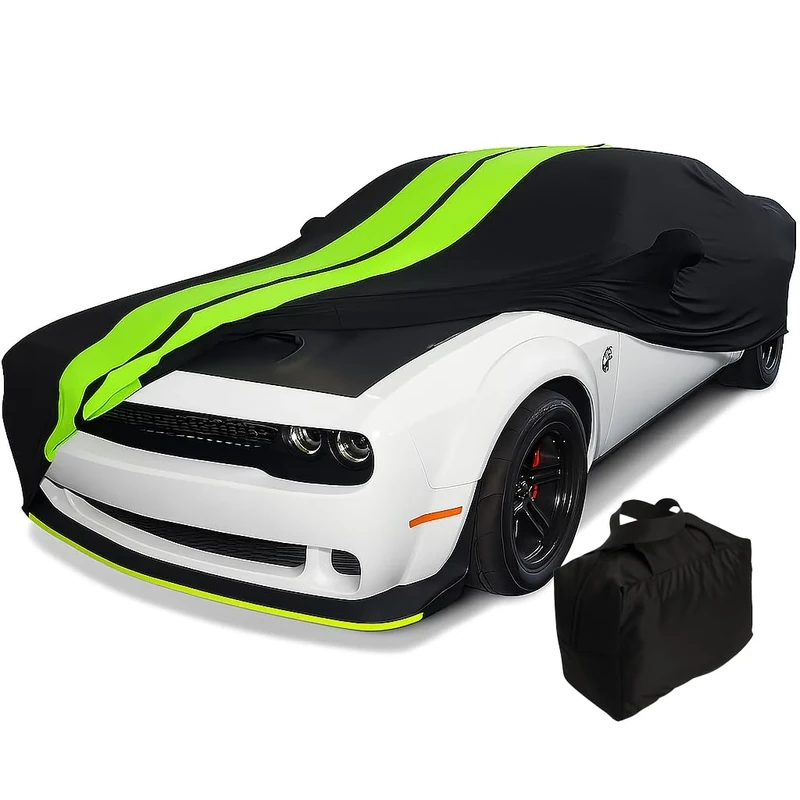 Dodge Challenger Indoor Car Cover - Ultraguard Stretch Satin The Ultimate Custom Fit for All 2008-2023 Dodge Challenger SXT, GT, R/T, Scat Pack, Hellcat Redeye & Widebody (Black with Green Stripes)