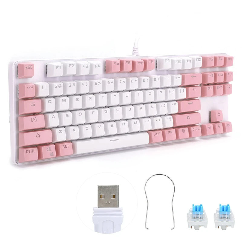 PUSOKEI Mechanical Gaming Keyboard 87 Keys Ergonomic E-Sports Keyboard Wired USB Gamer Keyboard for PC Gaming Laptop Computer(White Pink)