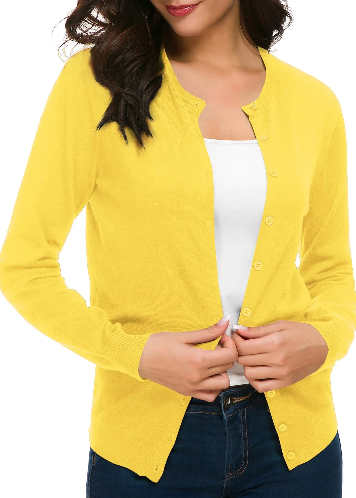 Urban CoCo Women's Long Sleeve Crew Neck Button Down Knit Cardigan Sweater, Lemon Yellow, XL