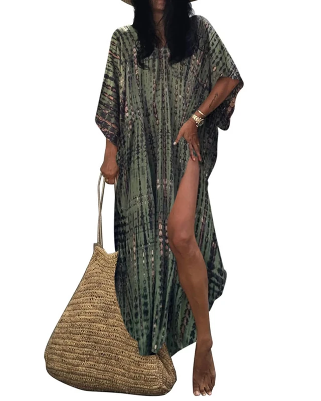 Bsubseach Women Army Green Beach Kaftan Dresses Half Sleeve Plus Size Bathing Suit Cover Ups Caftan Dresses