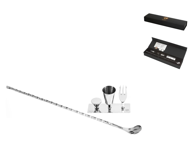 H&H Bruno Vanzan Bar Spoon with Tools: Fork, Muddler and Mini Jigger, Steel, 40 cm - Image 1