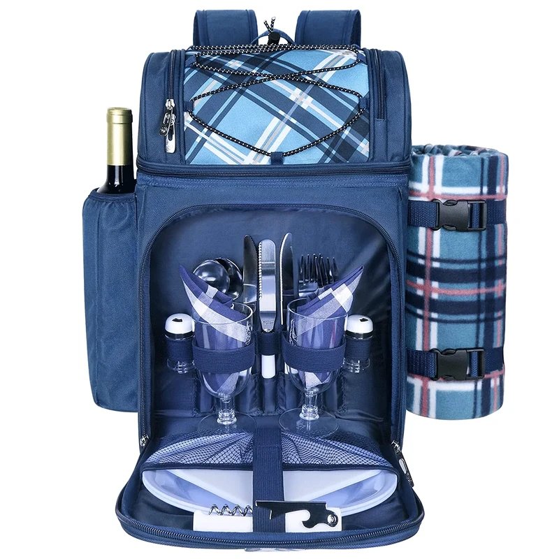 Hap Tim Picnic Basket Backpack for 2 Person with 2 Insulated Cooler Compartment, Wine Holder, Fleece Blanket, Cutlery Set,Perfect for Beach, Hiking, Camping, BBQs, Family or Wedding Gifts(36083-BL)