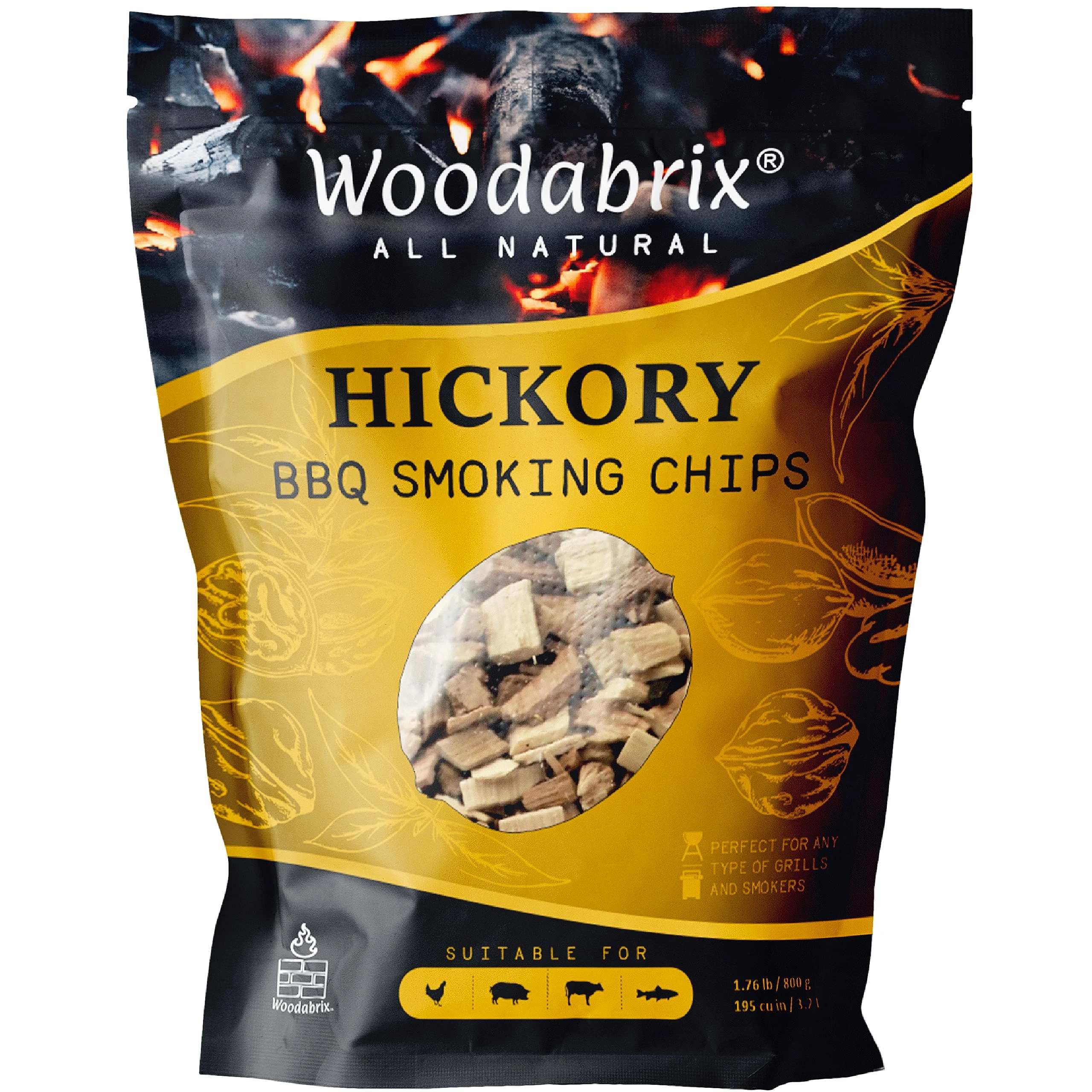Woodabrix Hickory Wood Chips I BBQ Wood Chips are suitable for Charcoal, Gas and BBQ/Smoker I 100% Natural and Eco-friendly I 800 grams (3.2 Litre / 195 cu in)