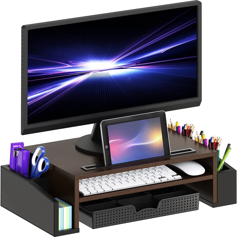Simple Houseware Desk Monitor Stand Riser with Adjustable Organizer Tray, Espresso