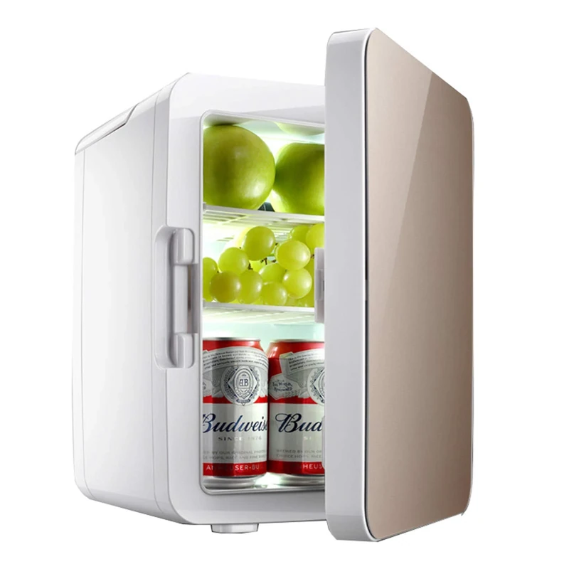 MNCYGJ 10L Mini Fridge for Bedrooms, Camping, Cosmetic Use - Gold, Glass Door & Shelf, 12V/220V, Noiseless, Portable, 10L Capacity