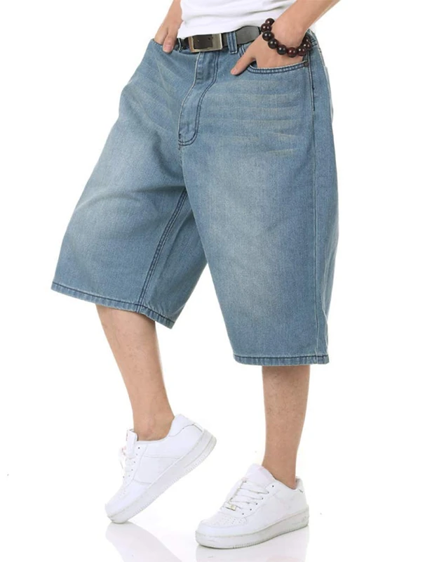 Kinghua Baggy Jean Shorts for Men Casual Loose Fit Hip Hop Skateboard Denim Shorts, Light Blue 022-2, 38
