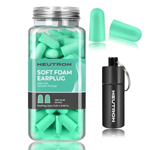 Neutron Soft Foam Ear Plugs with Travel Case - Noise Cancelling 38dB SNR - Earplugs for Sleeping, Travel, Concerts, Studying, Work, Loud Noise, Snoring - 60 Pairs - Blue