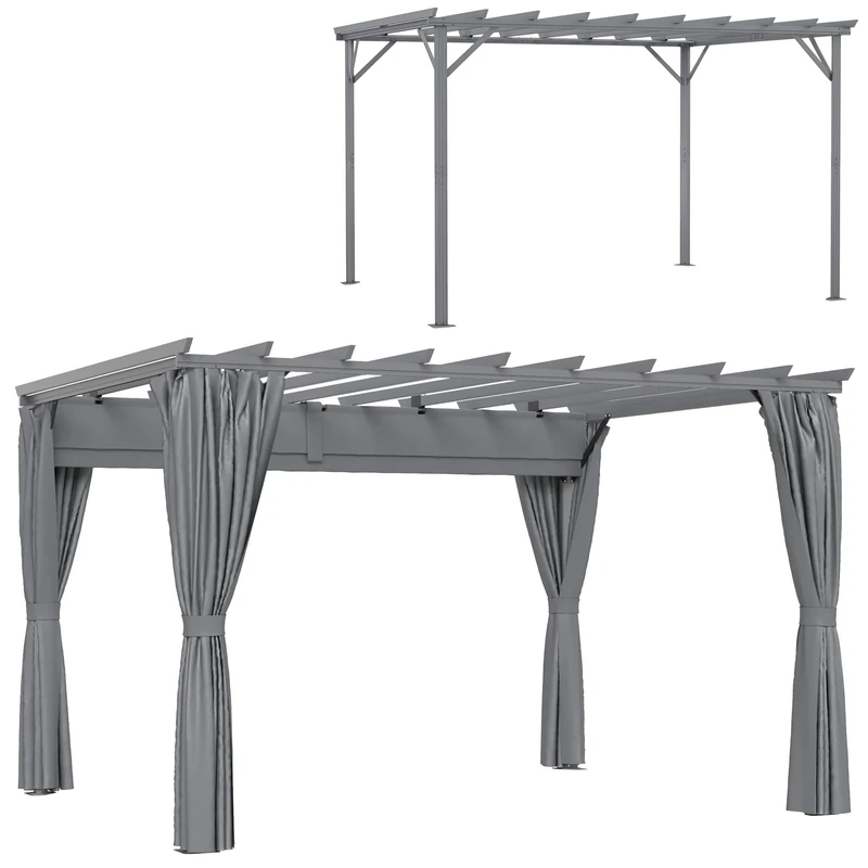 Outsunny 3.6 x 3(m) Outdoor Pergola with Retractable Roof and Curtains, Garden Gazebo Canopy Sun Shade Shelter with Aluminum Frame, Dark Grey