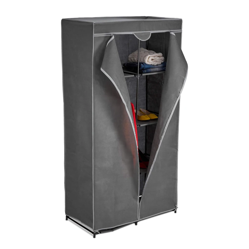 Relaxdays Fabric Wardrobe, with Clothes Rail & 6 Compartments, 170 x 90 x 45 cm, Stable, Folding Closet with Cover, Grey, Iron