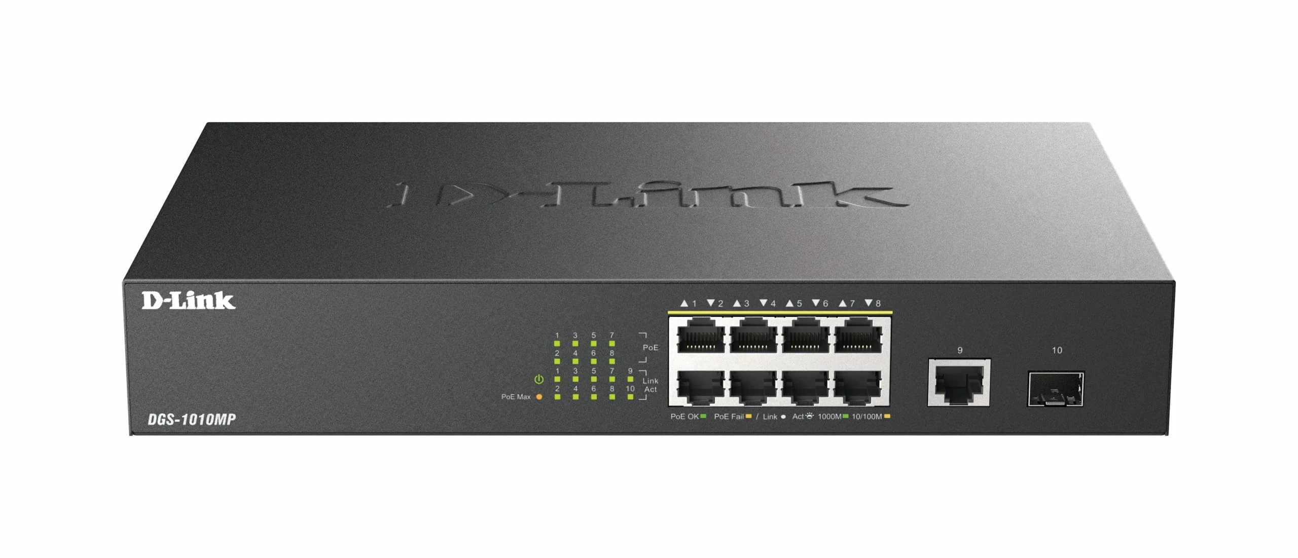 D-Link DGS-1010MP/M 10 Port Gigabit Max PoE Switch, 8 Gigabit 30W PoE+ ports, 125W power Budget, SFP Fibre Uplink, Fanless, Silent, Power Saving, Metal Case, Network Switch