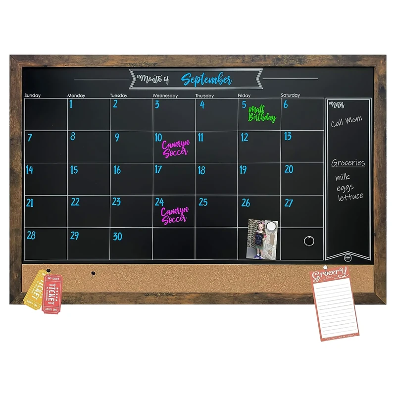 Loddie Doddie Rustic Framed Magnetic Chalkboard Calendar and Bulletin Combo Board. Blackboard - Calendar - Cork Board. OrganizeYour Space