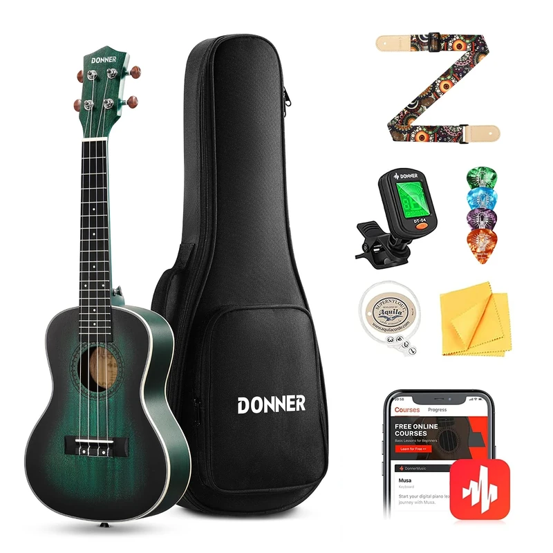 Donner Concert Ukulele Mahogany 23 inch, Gradient Color Design, Professional Ukelele Beginner Kit for Adults Kids with Online Lesson Bag Aquila String Pick Tuner Strap Cloth (DUC-100, Gradient Blue)