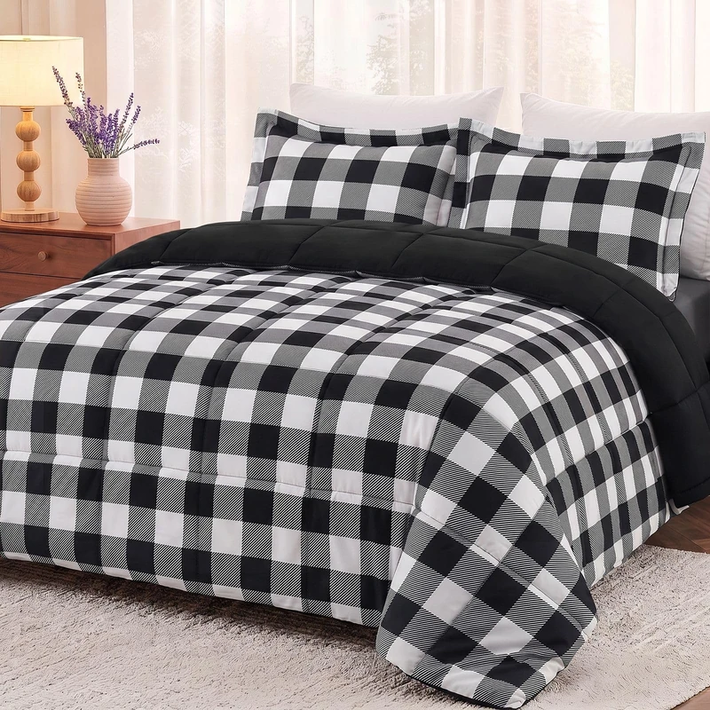 downluxe Lightweight Plaid Bedding Comforter Set (Queen) with 2 Pillow Shams - 3-Piece Set - Black/White Plaid - Down Alternative Reversible Comforter