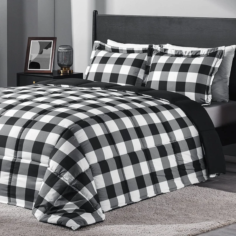 downluxe Lightweight Plaid Comforter Set (King) with 2 Pillow Shams - 3-Piece Set - Black/White Plaid - Down Alternative Reversible Comforter