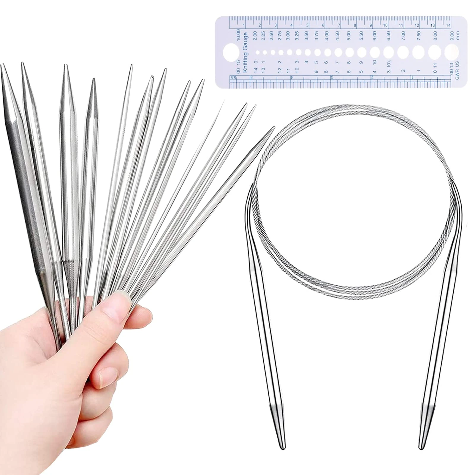 Wendergo Stainless Steel Circular Knitting Needles - 8 Piece Set, 2 mm to 8 mm, Yarn Needles for Weaving Projects