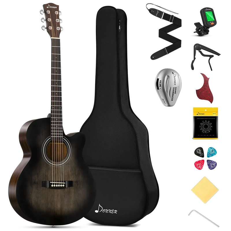 Donner Acoustic Guitar 4/4 Beginner Guitar Starter Bundle Kit 40 Inch Cutaway with Pickup Bag Tuner Capo Strap Mini Jumbo for Adult Travel Teen Right Hand Black