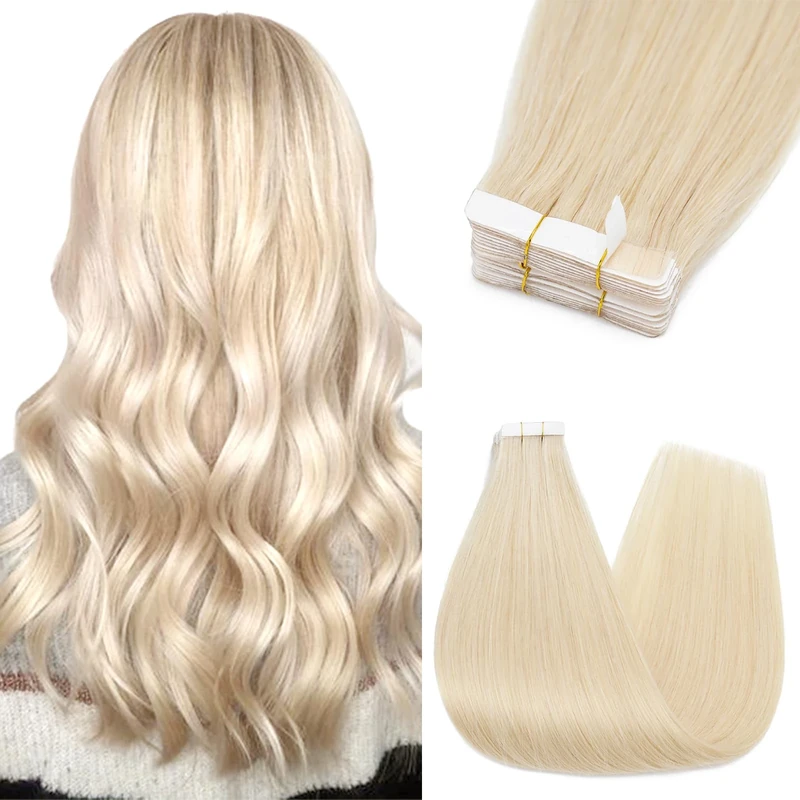 Silk-co Tape in Hair Extensions Real Straight Human Hair 22inch 10Pcs #60 Platinum Blonde Remy Hair Extension Seamless Straight